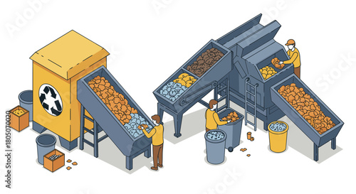 Isometric recycling plant process with workers sorting materials on conveyor…
