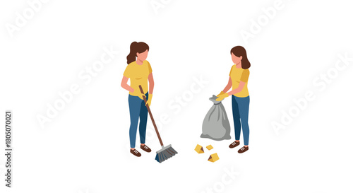 Teamwork in cleaning: two women tidying up with broom and trash bag