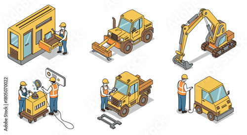 Construction equipment and workers in isometric style illustrating industrial…