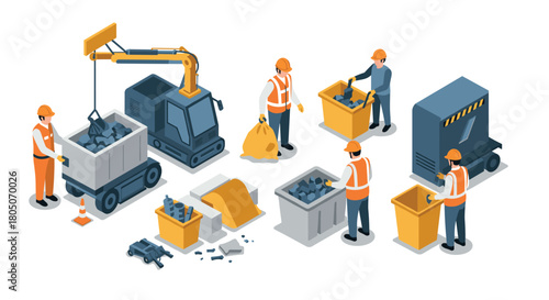 Construction team workflow with equipment and dumpsters in isometric style