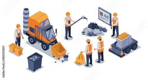 Construction workers in isometric style with heavy machinery and tools