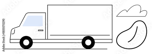 Minimalistic delivery truck alongside a cloud and bean element symbolizing transport, weather connection, and agriculture. Ideal for shipping, farming, sustainability, logistics, biodiversity