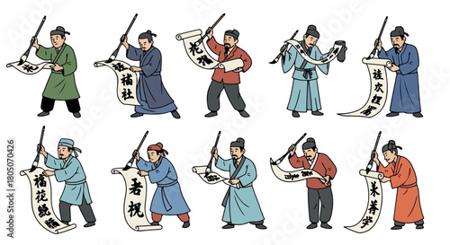 Chinese scholars with scrolls and staffs