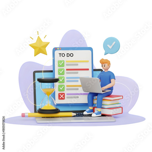 3d cartoon man working on laptop near to-do list and hourglass isolated on transparent background