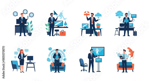 Business professionals working in various office settings