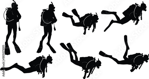 Scuba diver silhouette set, underwater swimming poses, diving gear vector collection, ocean sport design, isolated figures.