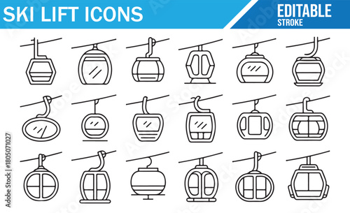 Ropeway and gondola line icons for alpine recreation and adventure