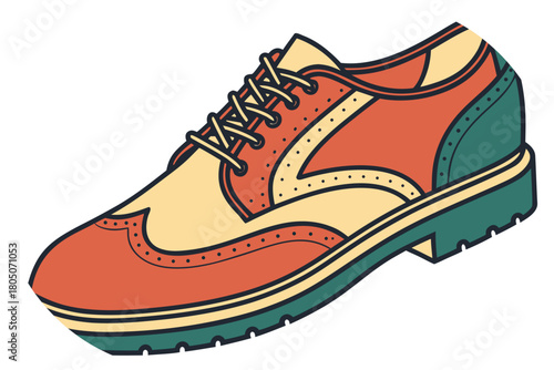 Retro Wingtip Oxford Shoe Illustration With Color Blocks And Brogue Detailing footwear