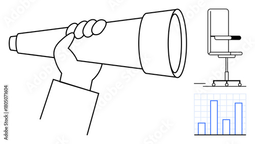 Hand gripping telescope, office chair on wheels, and bar graph indicating analysis, planning, and exploration. Ideal for strategy, leadership, growth, business vision career research goal setting