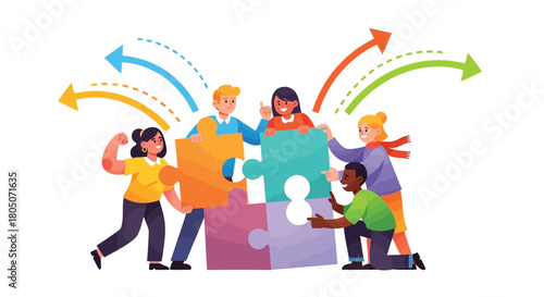 Diverse team of people collaborating to connect puzzle pieces symbolizing teamwork and shared goals with upward arrows representing progress