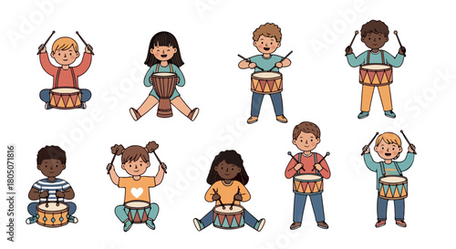 Children playing drums in a music class