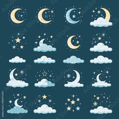Collection of whimsical crescent moons, twinkling stars, and fluffy clouds illustrations on a dark blue background, perfect for night sky themes.