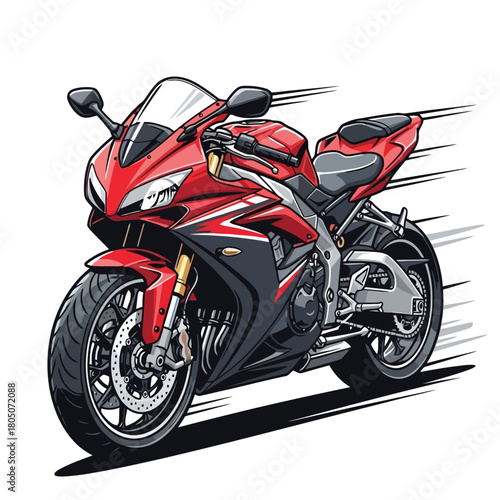 Dynamic Red Sport Motorcycle Speeding Forward on White Background.