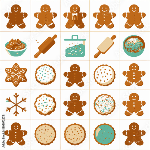 A grid of various gingerbread cookies, baking ingredients, and tools, illustrating the process of making festive treats.