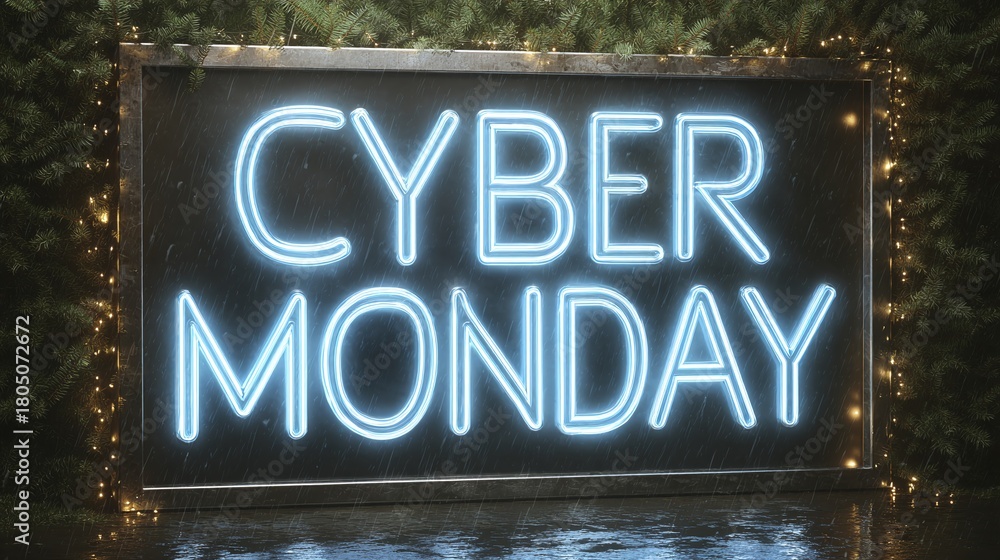 Obraz premium Illuminated Cyber Monday sign glows against a dark backdrop, festive string lights accentuate the scene, wet surface reflects the blue glow, evoking a mood of anticipation.