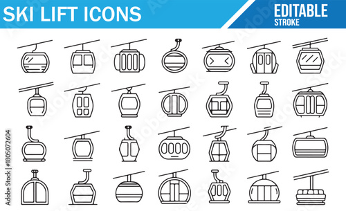 Set of ski lift line icons including gondolas, chairlifts, cable cars, aerial lifts, mountain transport cabins, winter resort equipment, ropeway systems, and alpine travel symbols for tourism and outd