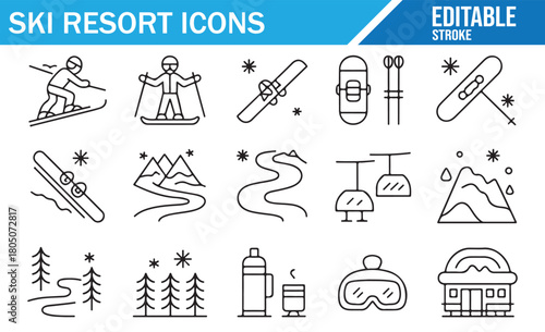 Outline illustrations of ski equipment, mountain peaks, and winter fun