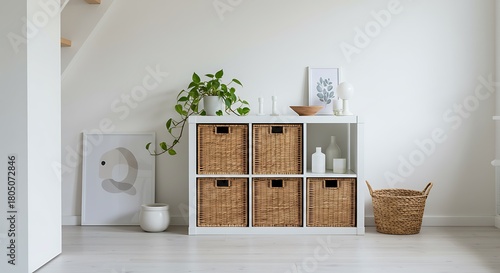 Minimalist home interior featuring a white shelving unit with woven storage baskets, creating a tidy and organized living space with natural decor