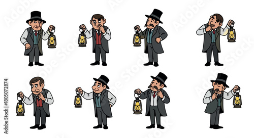 Man with lantern in various poses