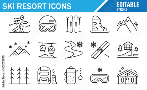 Alpine sports icon pack with skiers, boards, helmets, and winter scenery