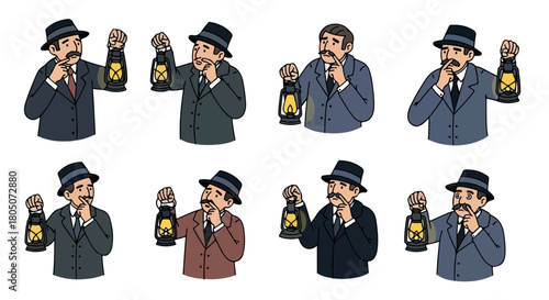Man with mustache holding lantern, various poses