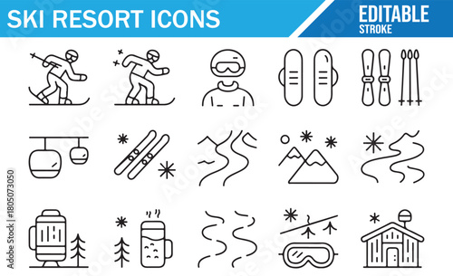 Winter adventure icon collection featuring slopes, cabins, and ski gear