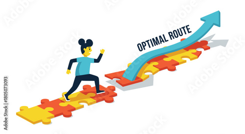 Person running on puzzle pieces forming a path towards an upward arrow indicating optimal route and success