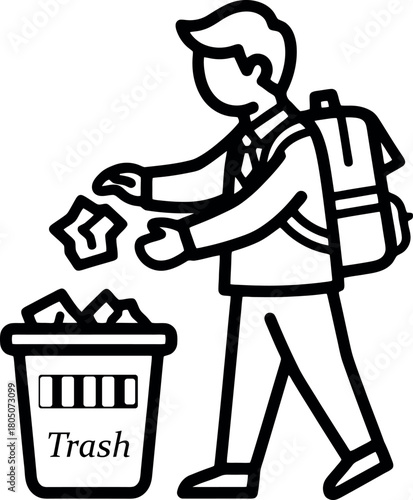 Person With Backpack Throws Trash Into Bin On Street Scene For Cleanliness And Responsibility