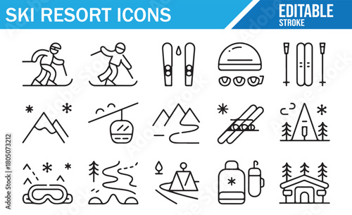 Ski resort and winter sports line icon pack with mountains and equipment