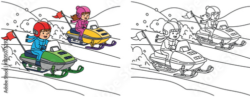 Coloring book page of cartoon children riding snowmobiles. Boy and girl driving snow mobiles in winter landscape.