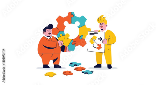 Two cartoon men collaborate to assemble a large gear puzzle representing teamwork and problem solving in business