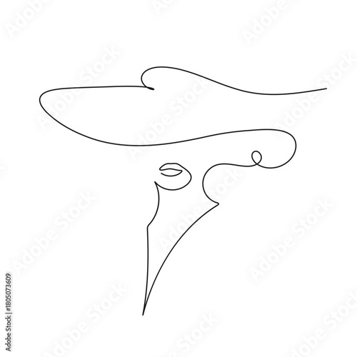 Minimalist one line woman face with wide hat. Elegant fashion line art logo. Illustration for fashion branding, beauty logos, boutique identity, cosmetics packaging.
