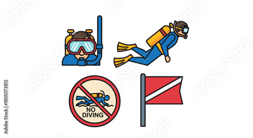 scuba diving icons with a diver flag and no diving sign
