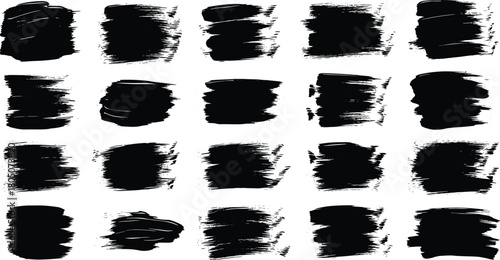 Set of black grunge brush strokes, hand drawn ink textures, rough paint shapes, distressed vector banners, artistic backgrounds collection.