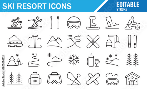 Set of ski resort line icons including skiers, snowboards, helmets, poles, sled, mountains, ski lifts, goggles, cabins, trees, and winter sports elements for travel, adventure, tourism, and outdoor re