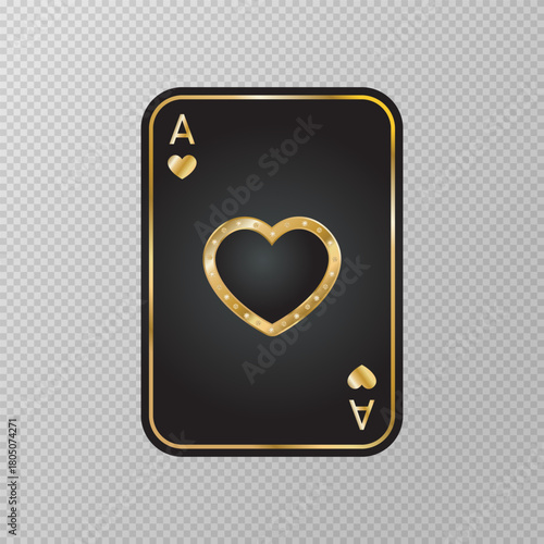 Golden playing card isolated on transparent background. Ace of  hearts. Black gaming card with golden elements and diamonds. Gambling games symbol. Poker image. Gaming cards. Vector illustration. 