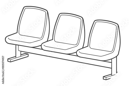 Three empty black and white waiting room chairs on a bench seating public