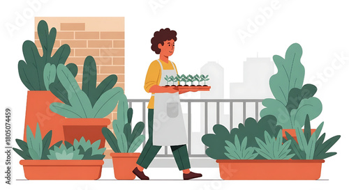 Urban Gardener Planting Seedlings on Balcony Terrace with Potted Plants
