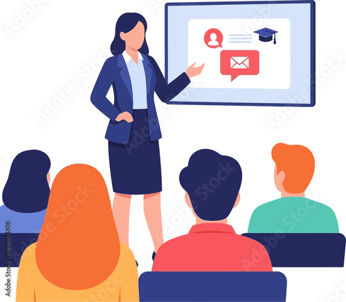 Businesswoman presenting to an audience in a classroom setting.