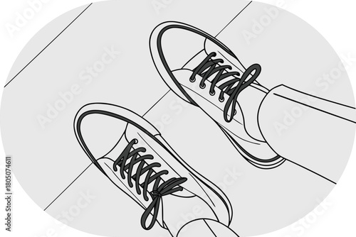 Top View Of Person Wearing Canvas Sneakers Standing On Tiled Floor shoes footwear