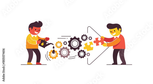 Two people collaborate to build a system of gears and puzzle pieces representing teamwork and efficiency