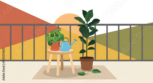 Balcony Plants: Fiddle Leaf Fig and Watering Can Illustration