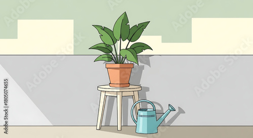 Indoor Plant Care Illustration with Watering Can and Stool