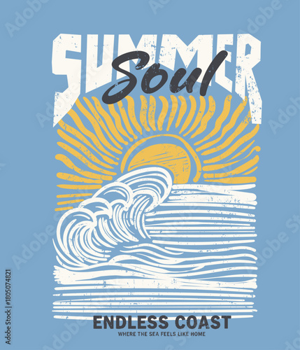 hand drawing brush line art big waves vector graphics. bold text Summer Soul Graphics. summer tee t-shirt design beach vibes artwork.