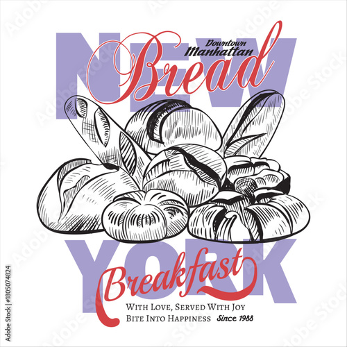 hand drawing Bread illustration. breakfast graphics for tee shirt sweatshirt design. food fashion artwork.