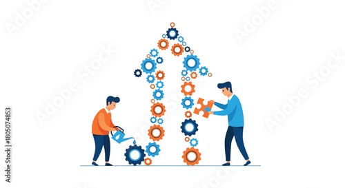 Two men collaborate to build an upward arrow shape using gears and puzzle pieces symbolizing teamwork and growth