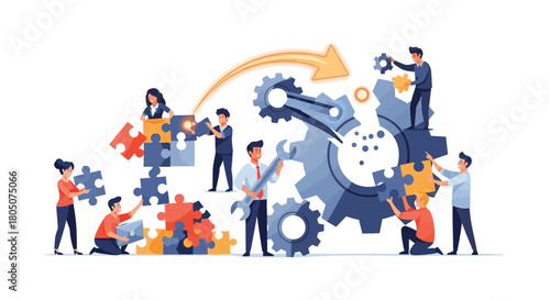 Diverse team of professionals collaborating to assemble complex puzzle pieces and gears for a successful project