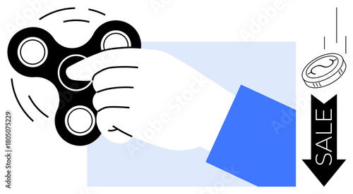 Hand spinning a black fidget spinner with motion lines. Coin falling near Sale arrow. Ideal for stress relief, promotion, marketing, sales, trends, discounts playful themes. Simple flat metaphor