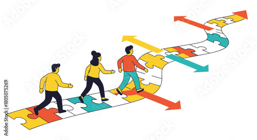 Diverse group of people walking on a winding puzzle path with multiple directional arrows indicating choices and future possibilities