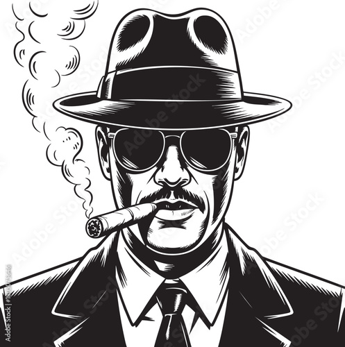A black and white illustration of a man in a fedora, sunglasses, and suit, smoking a cigar with smoke rising.